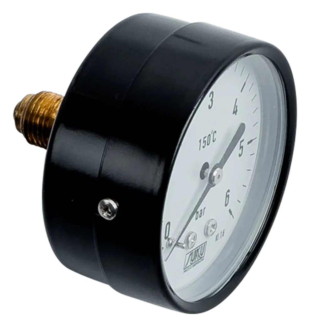 Manometer mit schwarzem Gehäuse und transparentem Ziffernblatt. Druckskala bis 6 bar, geeignet für Anwendungen von Wolf. Anschlussgewinde aus Messing.